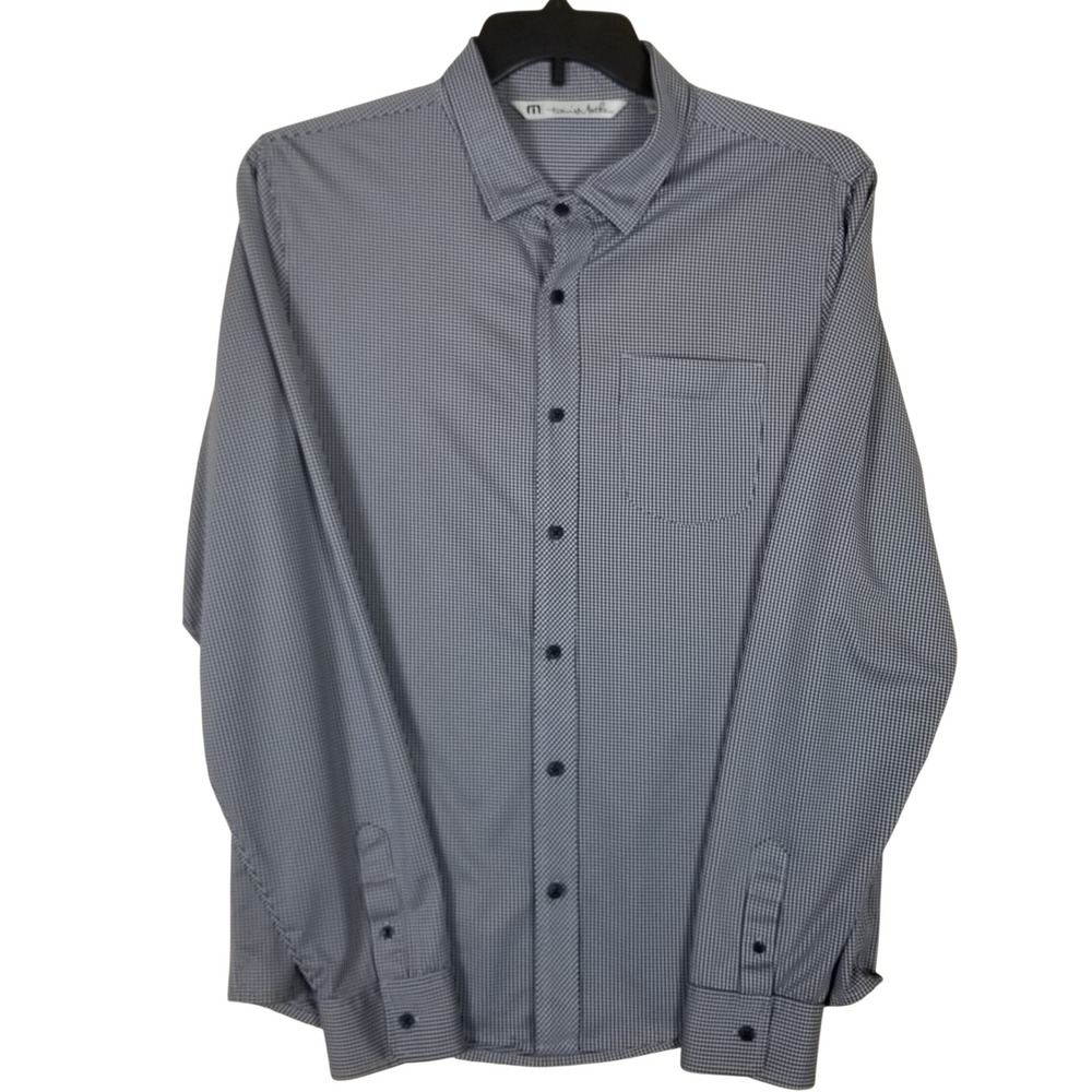 TravisMathew Mens L Navy Blue Gingham Check Long Sleeve Button Down Golf Shirt
